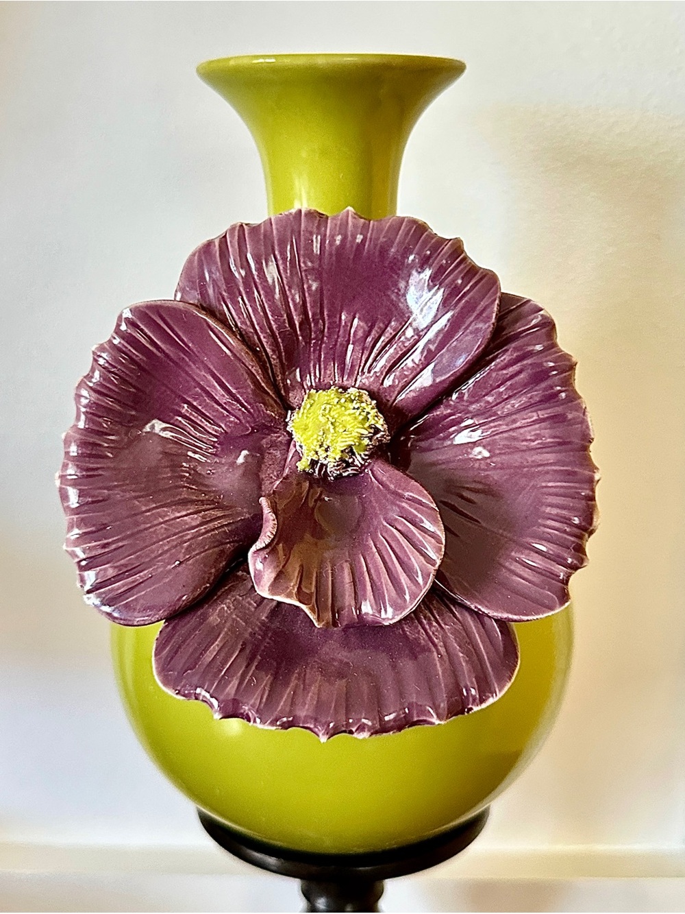Rare Anthropologie Chartreuse Green Ceramic Vase with Rose of Sharon